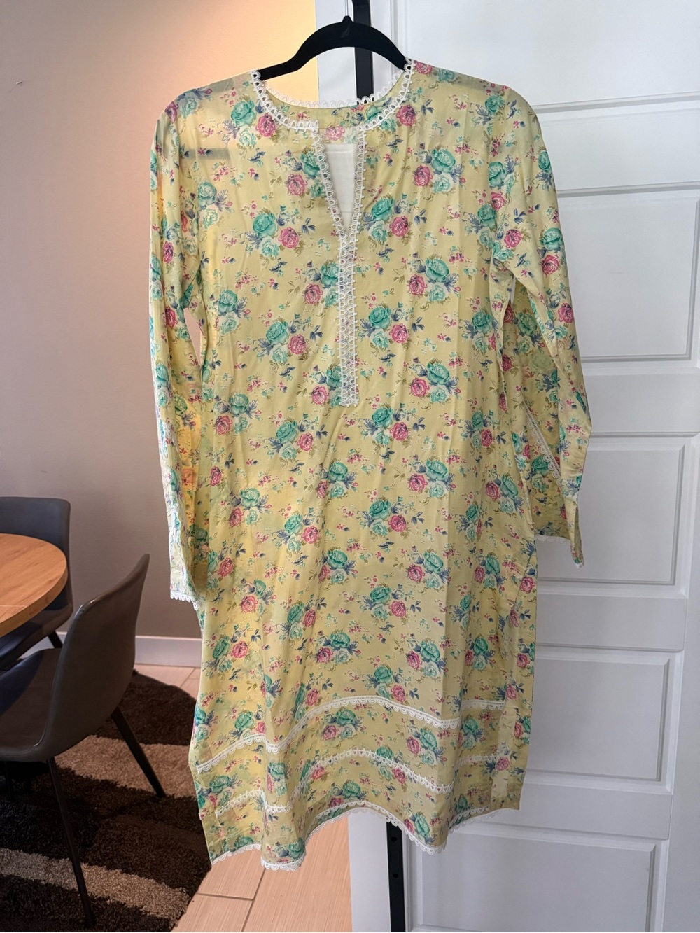 Girls Yellow Floral Tunic Dress with Lace Trim